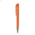 An orange plastic pen with a clear body and a silver tip, featuring a branding logo.