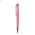 A pink plastic pen with a transparent cap and silver clip, featuring a simple design and a branding logo.