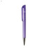 A purple plastic pen with a transparent barrel and a silver tip, featuring a logo.