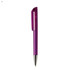 A purple plastic pen with a transparent cap and a metallic tip, featuring a logo on its body.