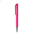 A pink plastic pen with a textured grip and a sleek design, featuring a silver nib and a branding logo.