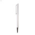 A white plastic pen with a textured grip and a shiny silver tip. The pen features a branding logo.