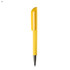 A yellow plastic pen with a sleek design and a metallic tip. It features a logo on the body.