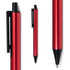 A red metal pen with a black clip and tip, featuring a sleek design and a simple logo.