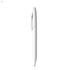 A white plastic pen with a sleek design and a clip, featuring a logo.