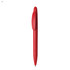 A red plastic pen featuring a clip on the top and a smooth barrel design. It has a logo on the side.