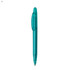 A turquoise plastic pen with a clear barrel and a retractable tip, featuring a clip and a branding logo.