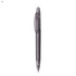 A plastic pen in grey with a click mechanism and translucent clip. It features a logo on the barrel.