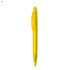 A yellow plastic pen with a transparent body and a clip, featuring a logo on the barrel.