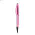 A pink plastic pen with a clip and a silver tip. The pen features a smooth design and a logo.