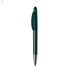 A green plastic pen with a silver tip and a clip on the barrel, featuring a logo.