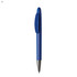 A blue plastic pen with a shiny silver tip and a clip on its side. It features a logo on the body.
