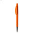 An orange plastic pen with a silver tip and clip, featuring a simple design and a logo on the barrel.