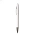 A white plastic pen with a silver tip and a clip for attachment. It has a logo on the surface.