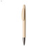 A plastic pen in a light beige colour with a shiny silver tip and a clip, featuring a logo.