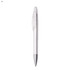 A transparent plastic pen with a silver tip and a clip, featuring a simple design and a branding logo.