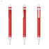 A set of three red plastic pens with silver details and a clip, featuring a transparent barrel.