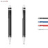 A black plastic pen with a silver clip and three ink refills in red, blue, and black, featuring a logo.