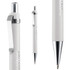 A white plastic pen with a silver clip and tip, featuring branding on the side.