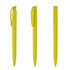 A yellow plastic pen with a clip, displayed from three different angles. It features a sleek design and has a branding logo.