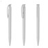 A set of three white plastic pens with sleek designs and clips, showcasing different angles. Each pen has a branding logo.