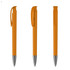 An orange plastic pen with a silver tip and a clip, shown from three different angles.