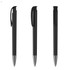 A set of black plastic pens with silver tips, featuring clip and retractable designs. The image includes branding.