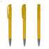 A transparent yellow plastic pen with a silver tip and a clip on the side. The pen is displayed from three angles.