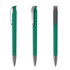 A green plastic pen with a silver clip and a sleek design, featuring a logo on its surface.