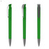A green transparent plastic pen with a silver clip, displayed from multiple angles.