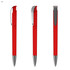 A transparent red plastic pen featuring a metal clip and silver accents, shown from three angles.