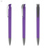 A purple plastic pen with a shiny silver clip, featuring a transparent barrel and a black tip.