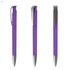 A purple plastic pen with a silver clip, displayed from three angles. The pen features a sleek design and has a logo.
