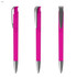 A set of three pink plastic pens with silver accents and clips, showcasing their sleek design.