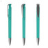 A teal plastic pen with a silver clip, showcasing three different angles of the product.