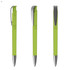 A vibrant green plastic pen with a chrome clip, showcased from three angles. Features smooth design and shiny tip.