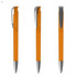 An orange plastic pen with a silver clip, displayed from three angles. Features a smooth design and shiny finish.