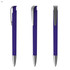 A plastic pen in purple with a silver clip, displayed from three angles. It has a simple design and a shiny finish.