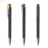 A black plastic pen with a soft grip and a silver clip, featuring an orange tip. It has a branded logo.
