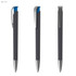 A sleek black plastic pen with a blue grip and silver accents, featuring a clip and smooth design.