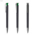 A plastic pen with a soft grip, featuring a grey barrel and green accents, along with a silver clip.