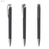 A black plastic pen with a soft grip and metallic accents, featuring a clip and a sleek design, shown from multiple angles.