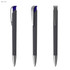A plastic pen with a soft grip, featuring a dark grey body and blue and silver accents, along with a clip.