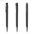 A sleek black plastic pen with a soft grip and silver accents, featuring a clip and a polished tip.