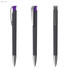 A black plastic pen with a purple grip and silver clip, featuring a sleek design and a logo.