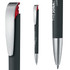 A black and silver plastic pen with a soft grip and a silver clip, featuring a branding logo.