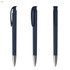 A set of three navy blue plastic pens with silver accents, featuring clips and retractable tips.