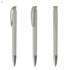 A metallic pen in light grey with a silver tip and a clip, featuring a sleek design and a branding logo.