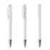 A plastic pen in white with a silver tip and clip, featuring a minimalistic design.
