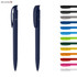 A navy blue plastic pen with a clip, accompanied by various colourful pen options on the right.